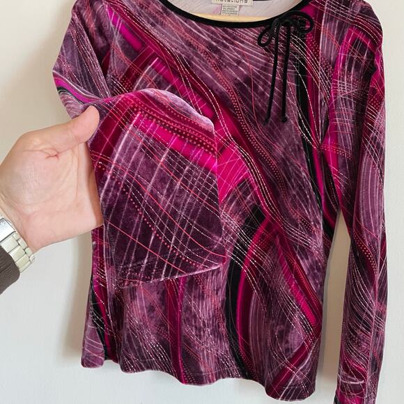 VTG Y2K Pink Metallic Velvet Long Sleeve Bow Neckline SZ SMALL Clueless 90s EUC - Picture 2 of 10